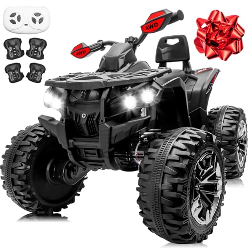 24V 4 Wheeler for Big Kids, 4x4Kids ATV w/800W Powerful Engines, 9AH Electric Four Wheeler w/Remote Control, Gift Bow, Kneepads, Bluetooth, USB, 2 Seater Ride On Toys Car for Kids, Black