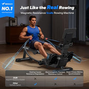 16-Level Dual-Rail Magnetic Rowing Machine, App-Ready Monitor, Wide Seat, Charcoal, 250 lb Capacity