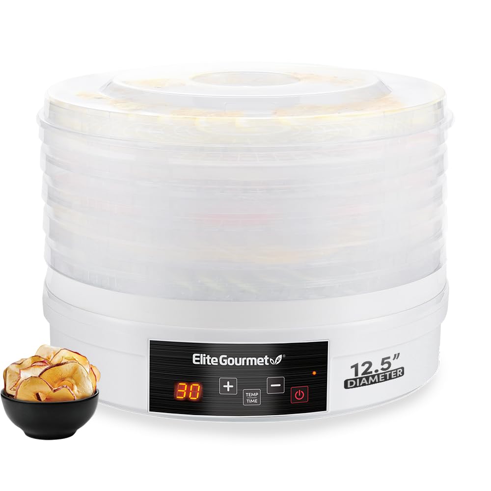 Digital Food Dehydrator, 5x12.5" Trays, 48-Hr Timer BPA-Free, 95-158°F, Jerky & Fruit, White, EFD770WD