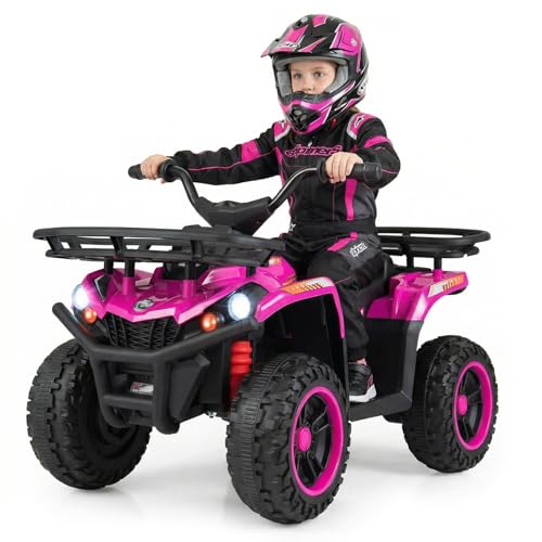 JOY 24V Kids ATV, Electric Ride On Quad, LED Headlights, Music, 5Mph Max Speed, Big Tires, Toddler 4 Wheeler, Ride On Toy Car with Front & Rear Storage, Gift for Boys Girls (Pink)