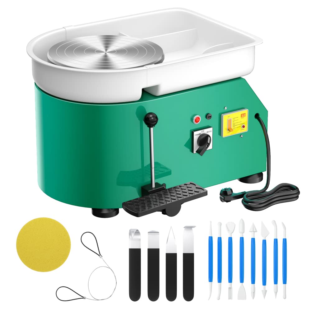 Pottery Wheel for Adults, 9.8in 350W Electric, Foot Pedal, Removable Basin Compact 9.8in pottery wheel with 0-300 RPM hand/foot control, reversible rotation, removable basin and 14-piece tool set