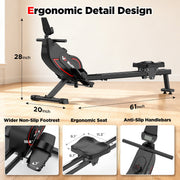 16-Level Magnetic Rowing Machine with Extended Slide Rail, App-Ready Monitor, Standard Seat, Black, 350 lb Capacity