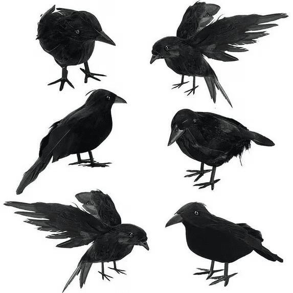 6 Pcs Halloween Black Crows Feathered Crows Realistic Looking Ravens Large Handmade Black Crow for Halloween Decoration Party Supplies