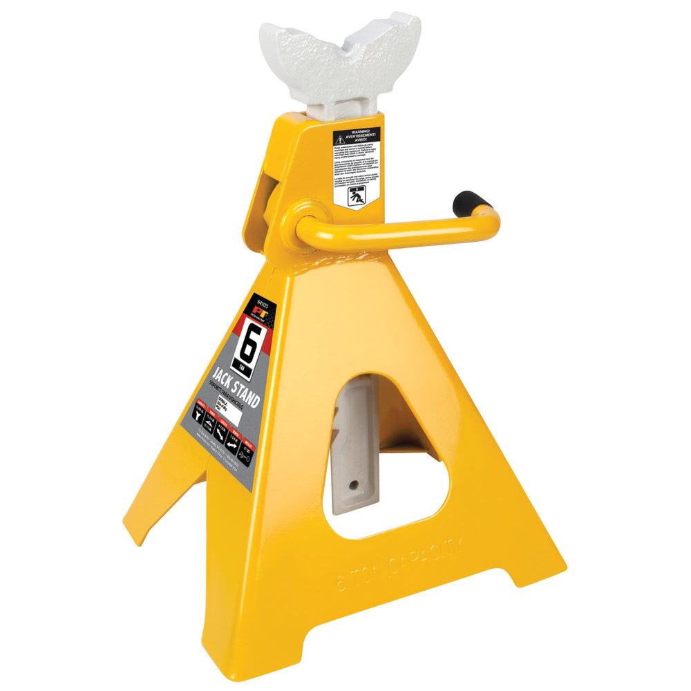 W41023 6 Ton Ratchet Jack Stands, Yellow, Pair Heavy duty steel. Lift range: 15-1/2 to 23-1/2 in. Large saddle contact area. Weather-resistant finish