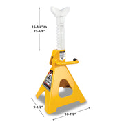 W41023 6 Ton Ratchet Jack Stands, Yellow, Pair Heavy duty steel. Lift range: 15-1/2 to 23-1/2 in. Large saddle contact area. Weather-resistant finish