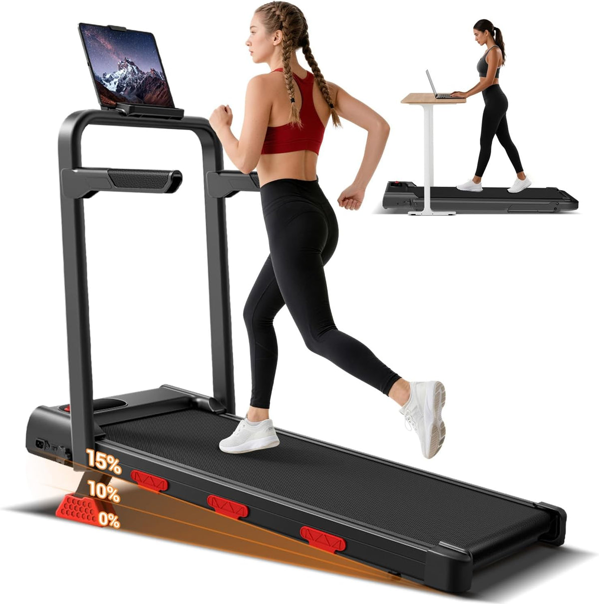 15% Incline Walking Pad Treadmill with Handles, Treadmills for Home