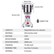 550g Grain Mill, 304 Stainless Steel Spice Grinder, 2000W High-speed Commercial Flour Mill, Superfine Flour Mill Grinder for Home, Grain Mill for Flour