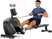 16-Level Magnetic Rowing Machine with Extended Slide Rail, App-Ready Monitor, Wide Seat, Black, 300 lb Capacity