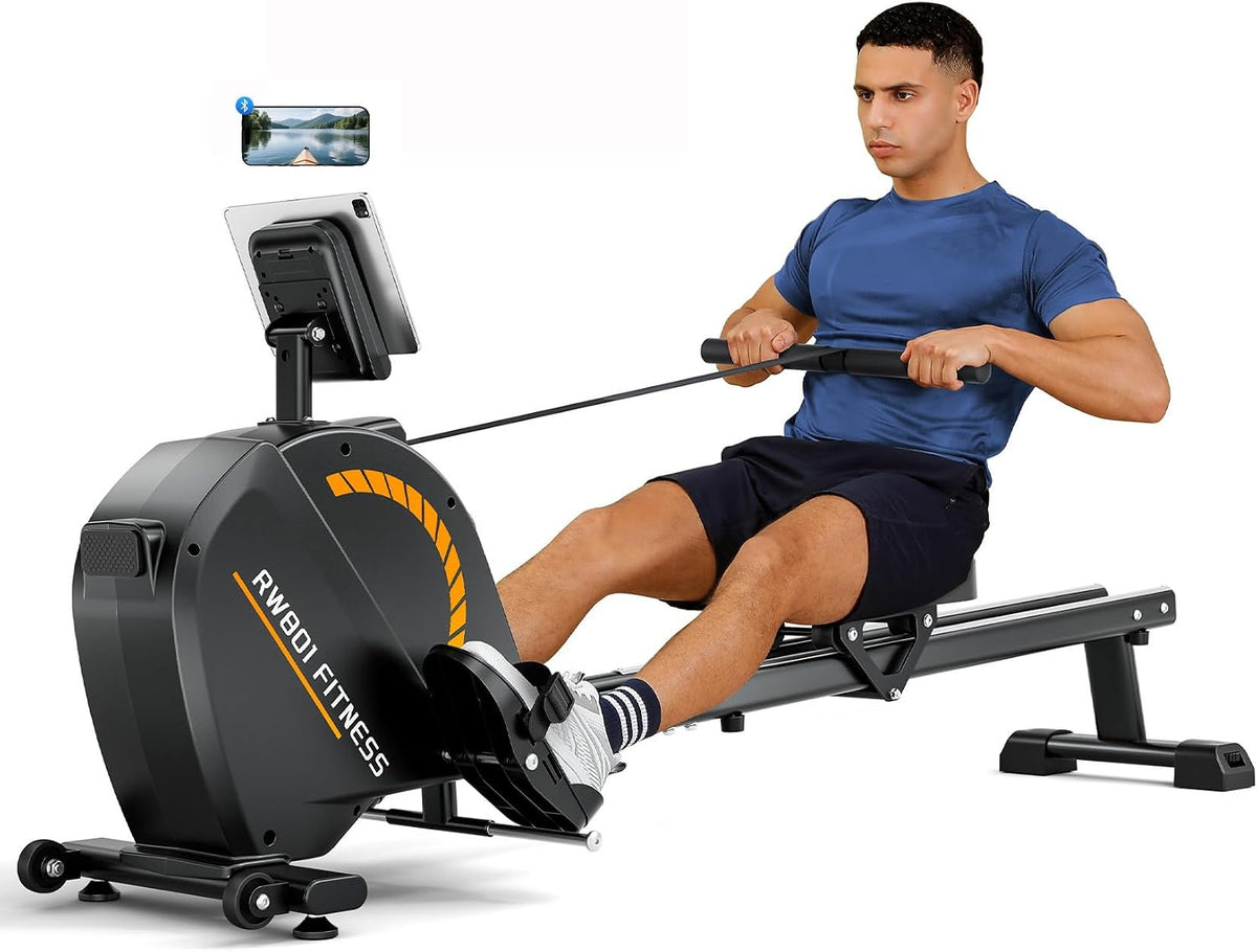 16-Level Magnetic Rowing Machine with Extended Slide Rail, App-Ready Monitor, Wide Seat, Black, 300 lb Capacity