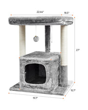 27IN Cat Tree for Indoor Cats Large Adult, Modern Activity Tower Scratching Posts, Condo with Plush Perch, Climbing Stand with Spring Ball for Play, Grey
