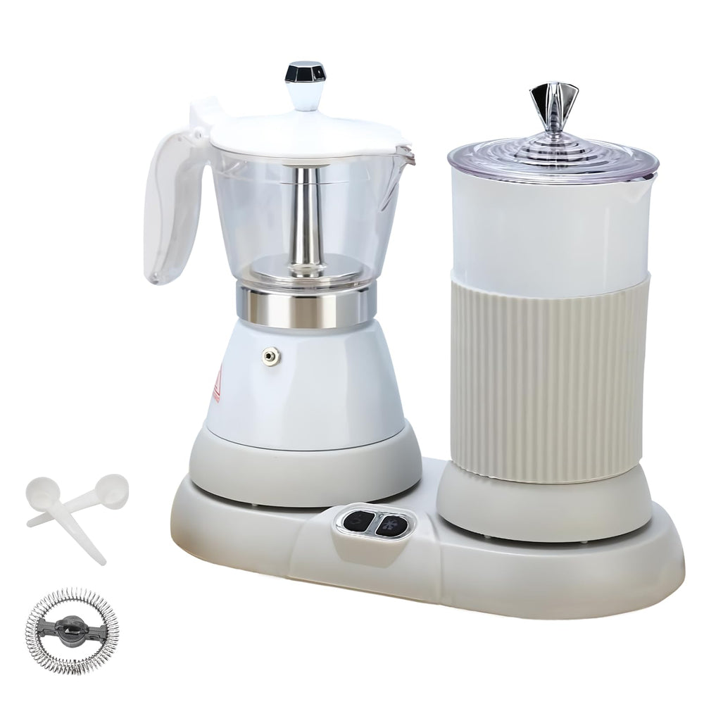 Espresso Maker with Milk Frother Electric Moka Pot 2-in-1 Espress Machine Aluminium One-Touch Operation Milk Froth Fine and Dense White 110V