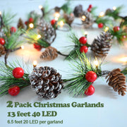 Christmas Garland Lights 2 Pack Holiday Prelit Garlands 13FT 40LED Pine Cone Garland Light with Red Berry Upgraded Battery Operated Garland with Lights Xmas Decor Lights for Outdoor Indoor Christmas