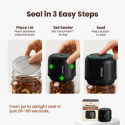 VacuFresh Vacuum Sealer for Mason Jars, Cordless, 10 Lids Included Portable electric mason jar vacuum sealer kit for food storage. Fits wide mouth & regular mouth jars, opener & charger