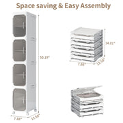 4 Tier Slim Bathroom Storage Cabinet, Foldable and Movable, White Tools Free, ABS and PET, Magnetic Clear Door, Adjustable Shelves, Lockable Wheels, Water Resistant, For Narrow Space