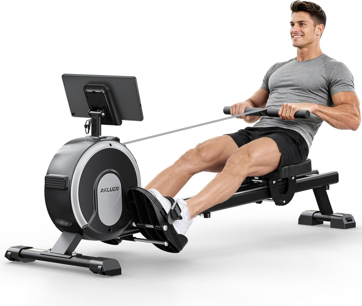 16-Level Magnetic Rowing Machine with Extended Slide Rail, App-Ready Monitor, Standard Seat, Gray, 350 lb Capacity