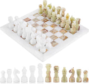 Marble Chess Set 12" Luxury Board Game & Chess Sets for Adults White & Green Onyx Marble, Handmade, Natural Marble Veining, Luxury Decor, Elegant Gift, 32 Chess Figures