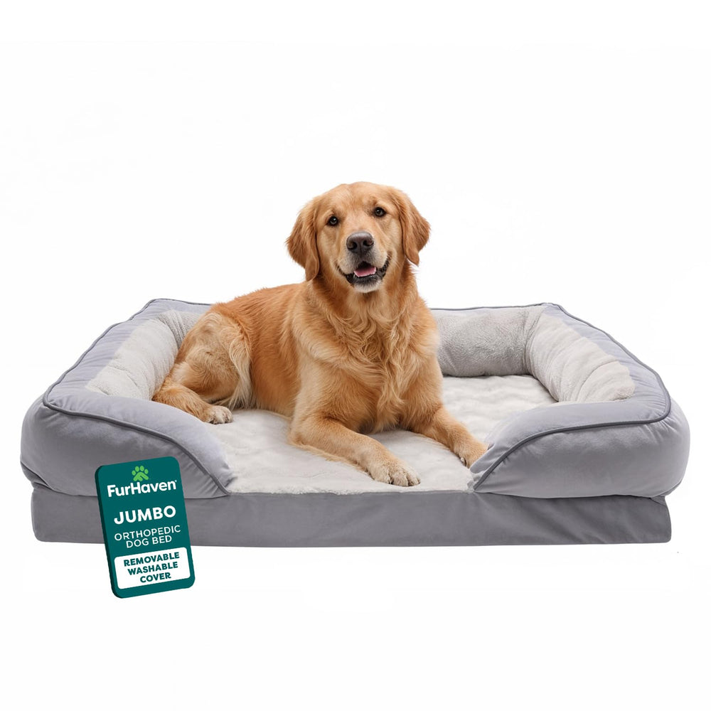 Orthopedic Dog Bed for Large Dogs w/ Removable Bolsters & Washable Cover, For Dogs Up to 95 lbs - Plush & Velvet Waves Perfect Comfort Sofa - Granite Gray, Jumbo/XL