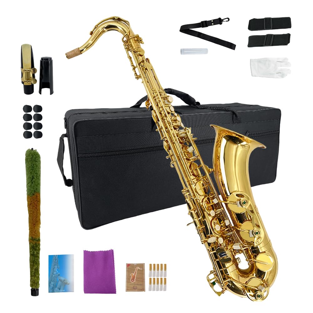 Tenor Saxophone B Flat for Beginners Sax Full Kit with Pads Cushions,Hard Carrying Case,Neck Strap,Reeds,Cleaning Cloth & Rod,Mouthpiece,Gloves Gold