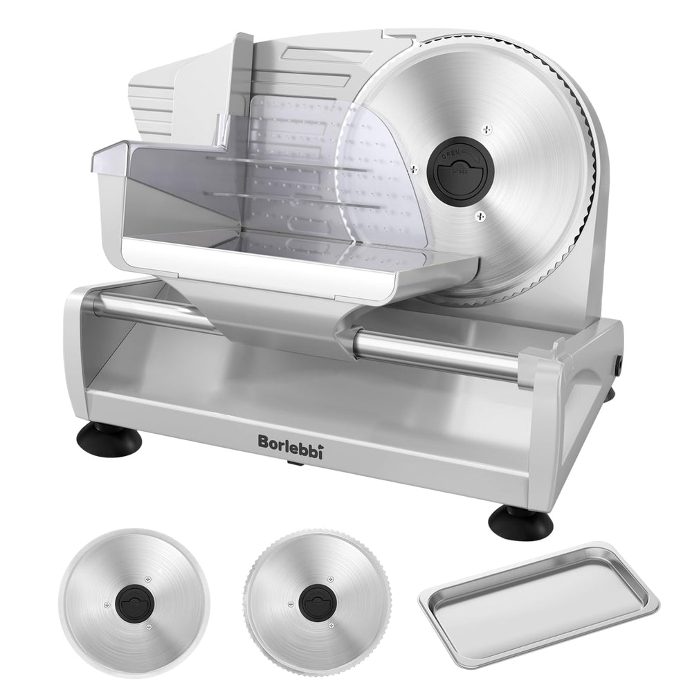 Meat Slicer Machine for Home, 200W Food Slicer with Two 7.5" Blades 200W DC Motor, 2 Removable 7.5" Stainless Steel Blades, Stainless Steel Tray, Child Lock, 0-15 mm Adjustable Thickness