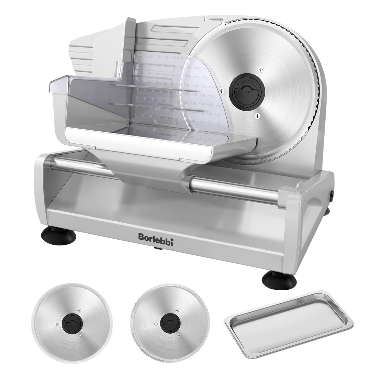 Meat Slicer Machine for Home, 200W Food Slicer with Two 7.5" Blades 200W DC Motor, 2 Removable 7.5" Stainless Steel Blades, Stainless Steel Tray, Child Lock, 0-15 mm Adjustable Thickness