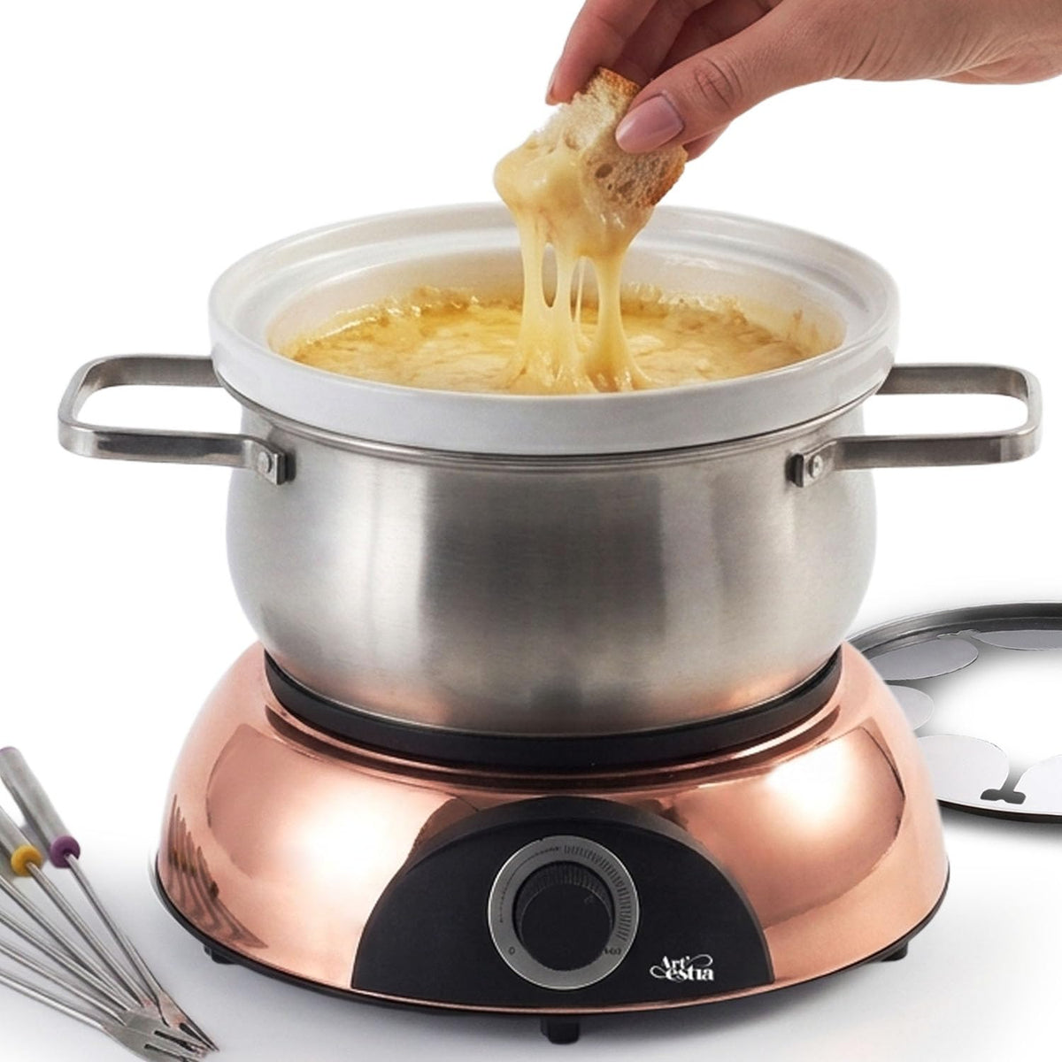 Electric Fondue Pot Set for Cheese, Chocolate, Broth & Hot Pot 2.6QT, Adjustable Temperature Control, Removable Stainless Steel & Ceramic Bowls, 8 Color-Coded Forks