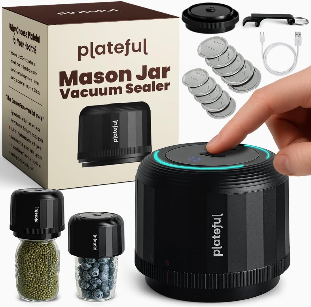 VacuFresh Vacuum Sealer for Mason Jars, Cordless, 10 Lids Included Portable electric mason jar vacuum sealer kit for food storage. Fits wide mouth & regular mouth jars, opener & charger