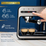 Professional Espresso Machine for Home 15 Bar with Milk Frother Steam Wand, Espresso Maker with Double-Cup Splitter, 1450w Fast Heating Cappuccino & Latte machine 37Oz Water Tank