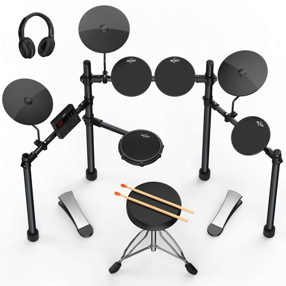 Electric Drum Set for Beginners with 210 Sounds, 4 Quiet Drum Pads, 10'' Cymbals, Electronic Drum Kit with Headphones, 2 Pedals, Throne, Sticks, Gifts for Kids Adults (ADD15)