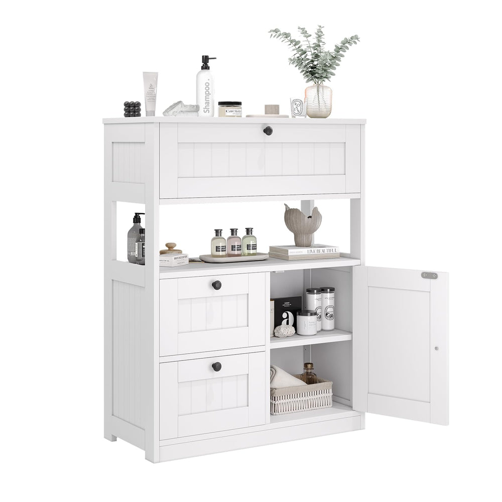 Bathroom Cabinet, Modern Bathroom Floor Storage Cabinet Organizer with 1 Door and 3 Drawers, Freestanding Cupboard for Kitchen/Living Room Use
