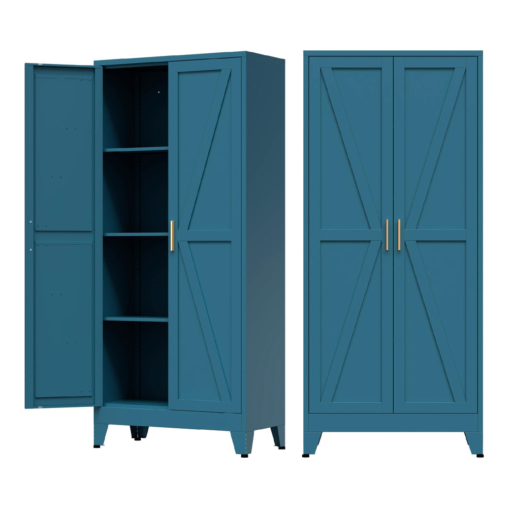 Home Farmhouse Storage Cabinet with 2 Barn Door, 61" H Metal Cabinet Tall Kitchen Pantry Cupboard with 3 Adjustable Shelves, for Dining Room, Bathroom, Laundry Room, Living Room (Blue Green)