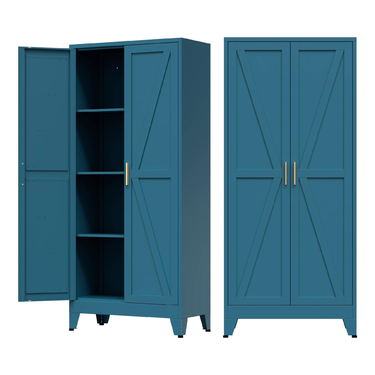 Home Farmhouse Storage Cabinet with 2 Barn Door, 61" H Metal Cabinet Tall Kitchen Pantry Cupboard with 3 Adjustable Shelves, for Dining Room, Bathroom, Laundry Room, Living Room (Blue Green)