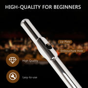 Professional Nickel Plated C Flute for Beginners and All Levels, 16 Key Closed Hole with Ergonomic Design, Includes Carrying Case, Gloves, Cleaning Cloth, Tuning Rod