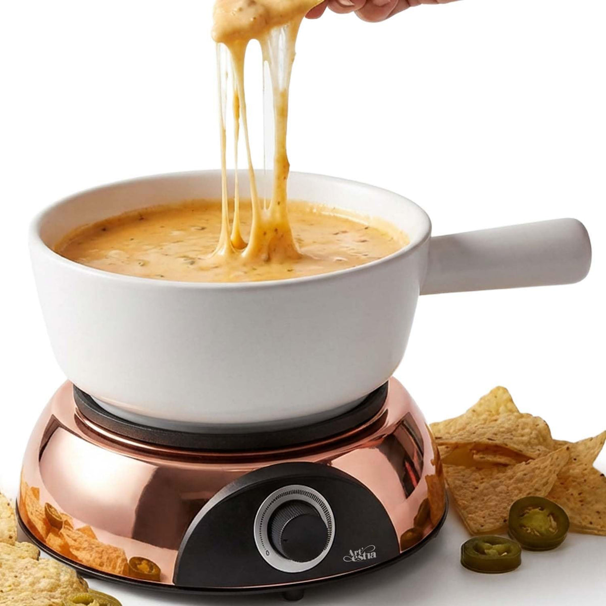 Electric Dip Warmer & Fondue Pot with Adjustable Temperature Multi-Purpose Cheese Dip, Queso, Nacho Cheese Sauce, Gravy, Broth Fondue & Hot Fudge Warmer for Parties, White