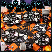 125PCS Hey Boo Ghost Halloween Tableware Set for 25 Guests, Includes 9" and 7" Paper Plates, Napkins, Cups and Plastic Forks, Pastel Ghost Party Supplies for Kids, Halloween Birthday Party