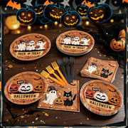 96PCS Halloween Paper Plates and Napkins Set, Serves 24 Guests- Vintage Ghost Pumpkin Disposable Dinnerware Set, Orange and Black Plastic Forks, Trick or Treat Boo Halloween Party Supplies