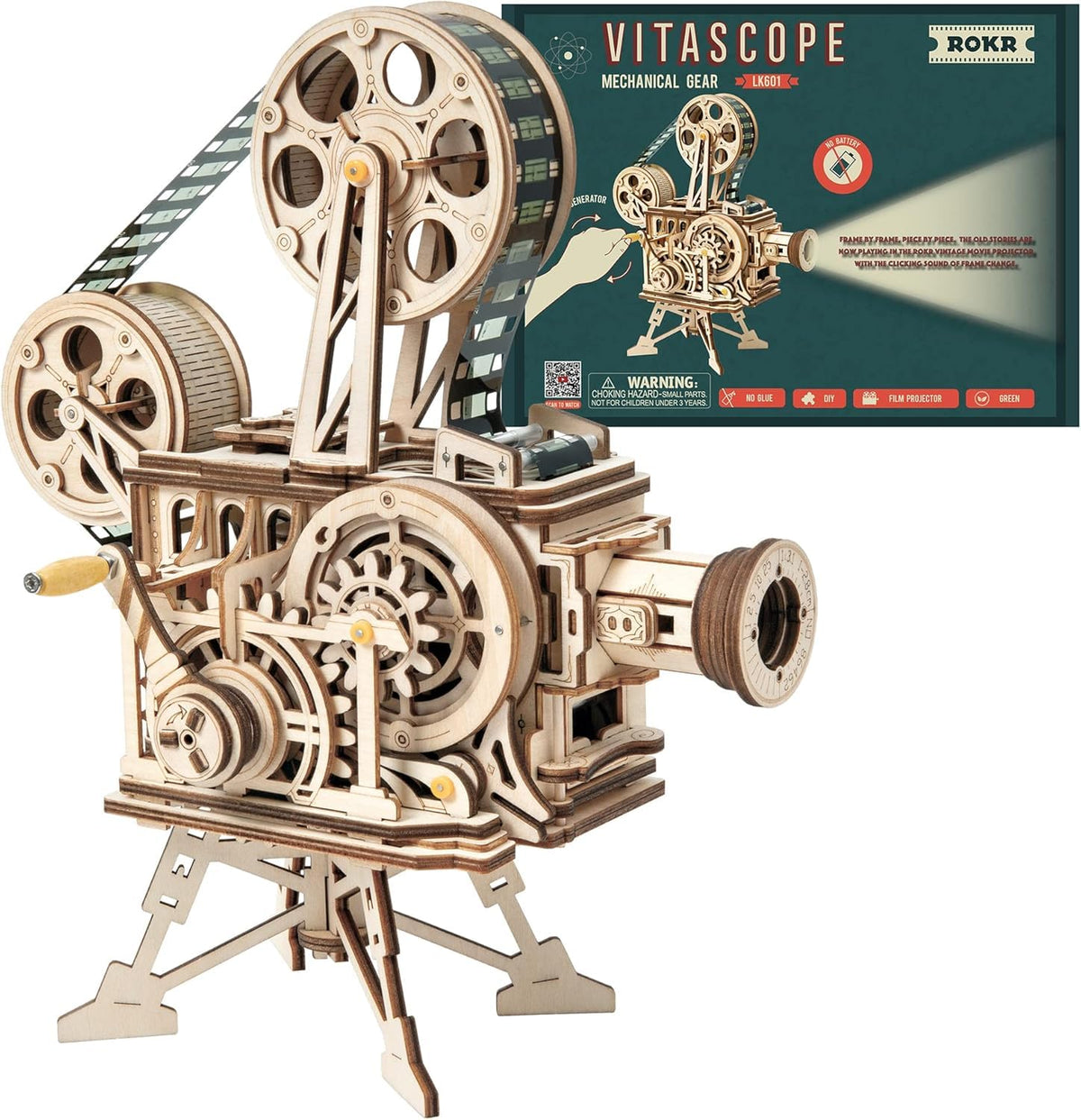 Vitascope 3D Wooden Puzzle, Vintage Film Projector Model Kit DIY Hand Crank, 183Pcs Wood Model Building Kits for Adults Teens, Ideal Christmas Birthday Gift for Hobbyists