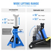Low Profile Hydraulic Trolley Service/Floor Jack Combo with 2 Ratchet Jack Stands, 2 Ton (4000 lbs) Capacity, Blue, PM-TOL-FJ3P-BL