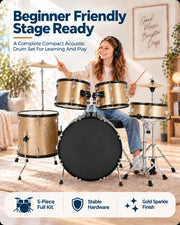 5-Piece Drum Set Adult, 22-Inch Full Size Drumset with Cymbals, Pedal, Drumsticks, Adjustable Stool & Stands – Acoustic Drum Set for Adults, Beginners, Students,Teens – Champagne