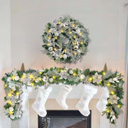 Pre-Lit 24 Inch Silver White Christmas Wreath for Front Door Timer Winter Lighted Xmas Wreath Indoor Outdoor Decoration with Ball Ornaments,Poinsettia,Battery Operated 30 LED Lights