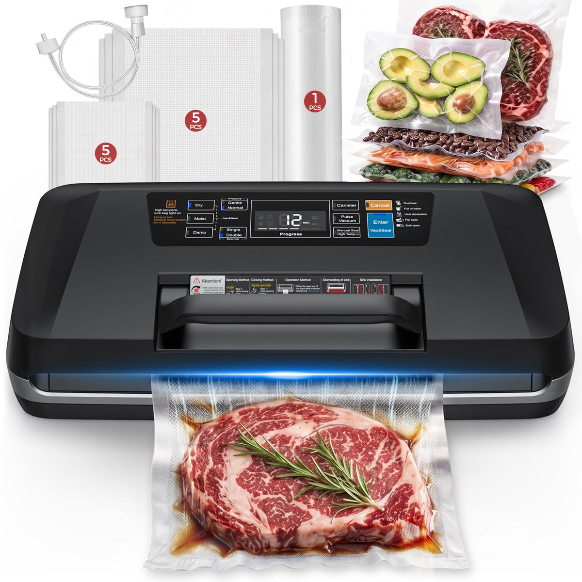 Vacuum Sealer Machine, 230W 95KPa Food Sealer Built-in Cutter & Bag Storage Upgraded 10-in-1, Double Heat Seal for Dry & Moist Food, Easy-Lock Handle, Vacuum Hose, Includes 1 Roll + 10 Pre-cut Bags