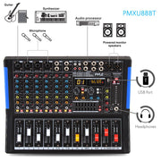 8-Channel Console Style Audio Mixer with Bluetooth - DJ Sound Controller, 4 XLR / Combo Inputs, Sub Out, +48V Phantom, USB-A In, 16 DSP Effects, MP3 Player, 7-Band EQ - PMXU88BT