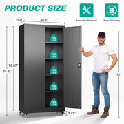 75" Tall Metal Storage Cabinet with Wheels,Rolling Garage Storage Cabinet with Lock,Black Metal Cabinets with Wheels and Shelves,Deep Heavy Duty Tool Locker for Garage,Home,Office,Shop