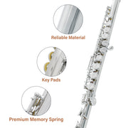 Closed Hole C Flute - Musical Instrument, Beginner/Intermediate Flute in Band & Orchestra, Nickel