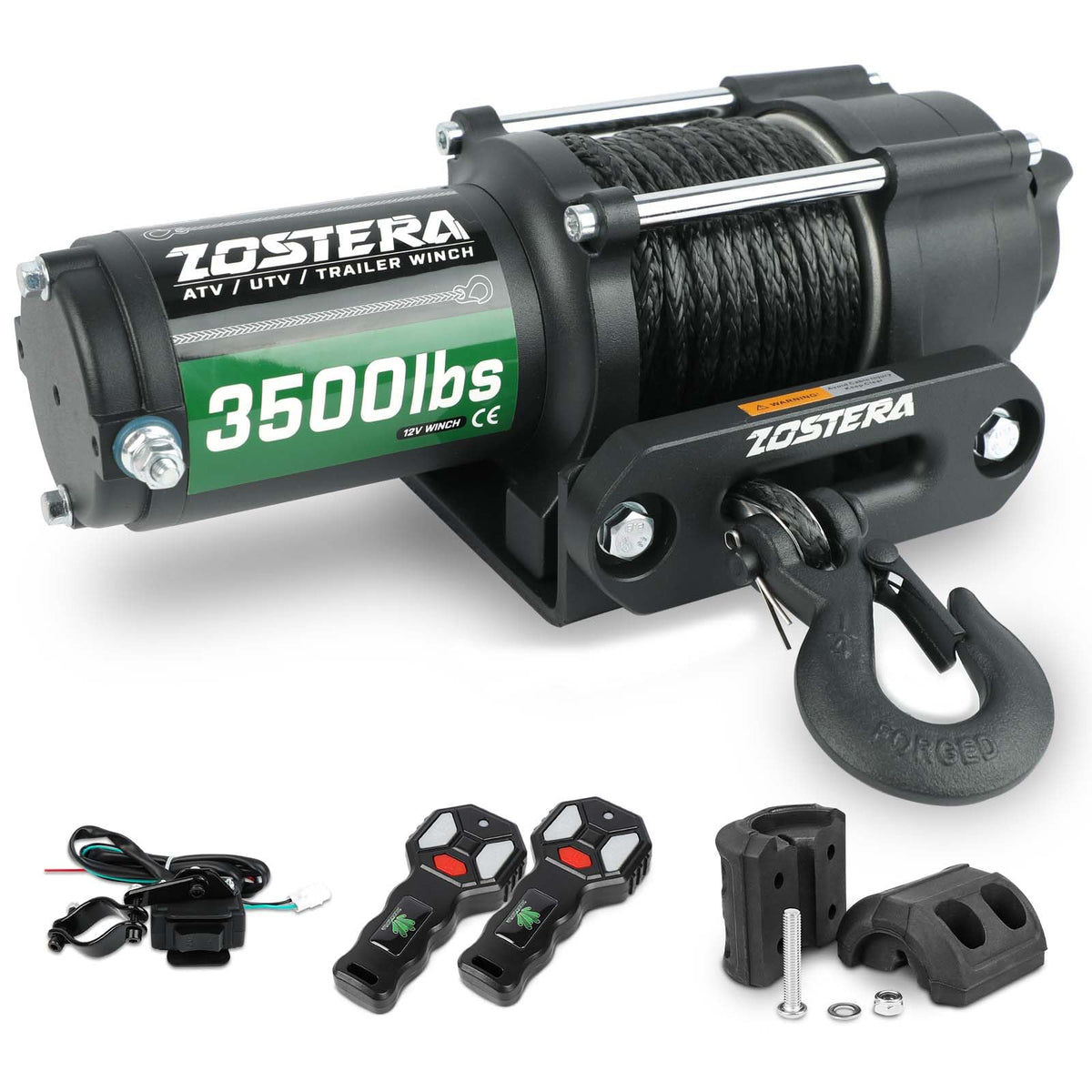 3500lbs ATV/UTV Winch with Synthetic Rope, Electric Boat Trailer Winch 12V, Waterproof Winch with 2 Wireless Remotes &Wired Switch,with Mounting Plate,Pulley,Rope Damper,Aluminium Fairlead
