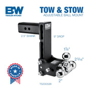 Tow & Stow Adjustable Trailer Hitch Ball Mount - Fits 2.5" Receiver, Tri-Ball (1-7/8" x 2" x 2-5/16"), 8.5" Drop, 18,000 GTW - TS20050B
