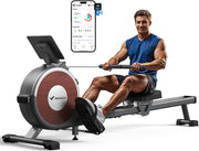16-Level Dual-Rail Magnetic Rowing Machine, App-Ready Monitor, Wide Seat, Gray, 300 lb Capacity