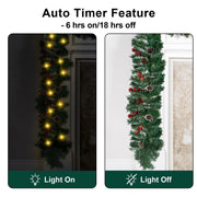 10Ft Christmas Garland with 50 LED Lights - 2 Pack Pre-lit Outdoor Xmas Garland with Timer - Pine Garland with Red Berries Snow Pine Cones - 10 Foot By 10 Inch