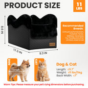 Center Console Dog Car Seat for Small Dogs Under 11lbs, Black Anti-Collapse, Safety Tether, Faux Rabbit Fur-Lined & PU Leather Cover, Washable Puppy Seat for SUV/Truck, Ideal for Travel