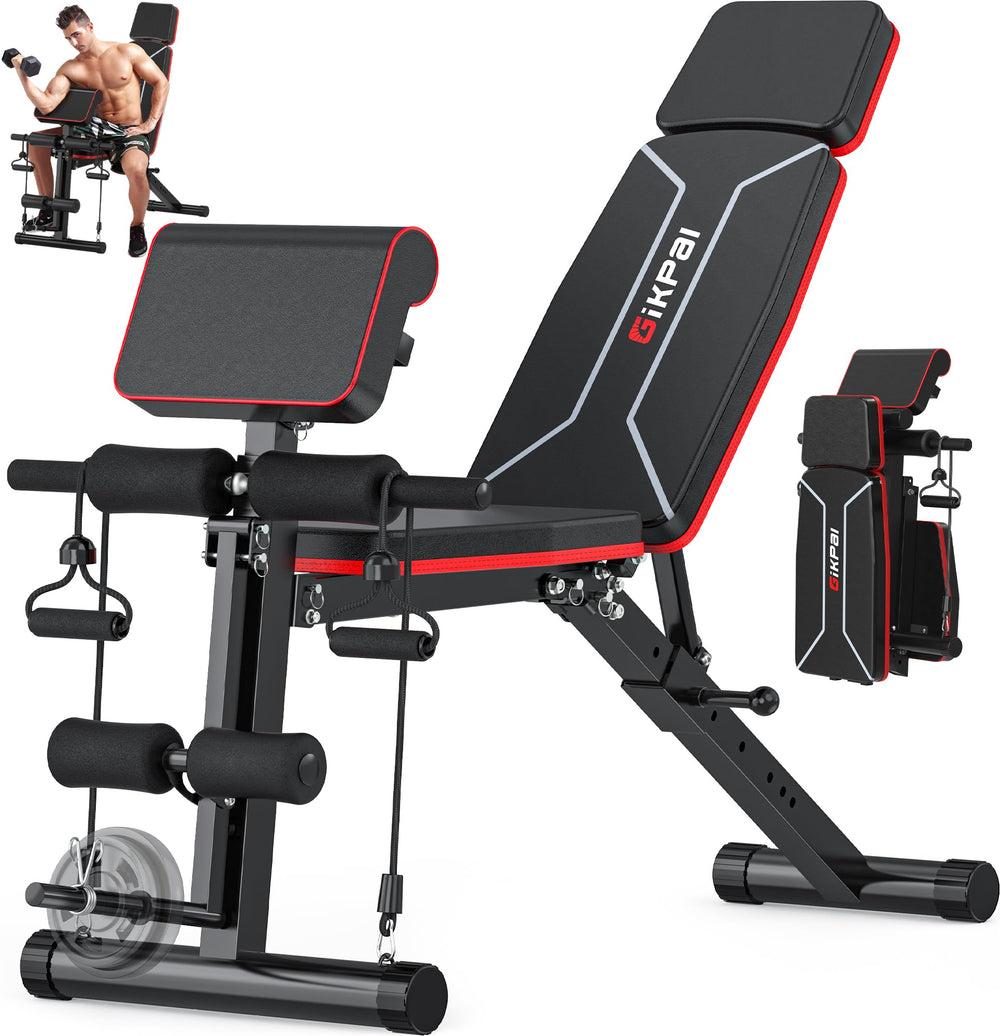 Adjustable Weight Bench - Workout Bench Press for Home Gym Foldable Incline Decline Sit up Exercise Bench for Full Body Strength Training w/Leg Extension and Preacher Pad