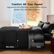 King Size Comforter Set Black, Reversible Satin Microfiber Comforter Set for All Seasons, 3 Pieces Non-Slip Silky Soft Bedding Sets with 1 Comforter (104"x90") and 2 Pillowcases (20"x36")